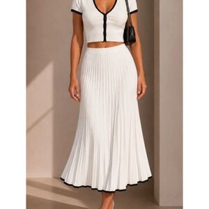 Commense Minimalism Contrast Trim Pleated Sweater Maxi Skirt XS Ivory Black